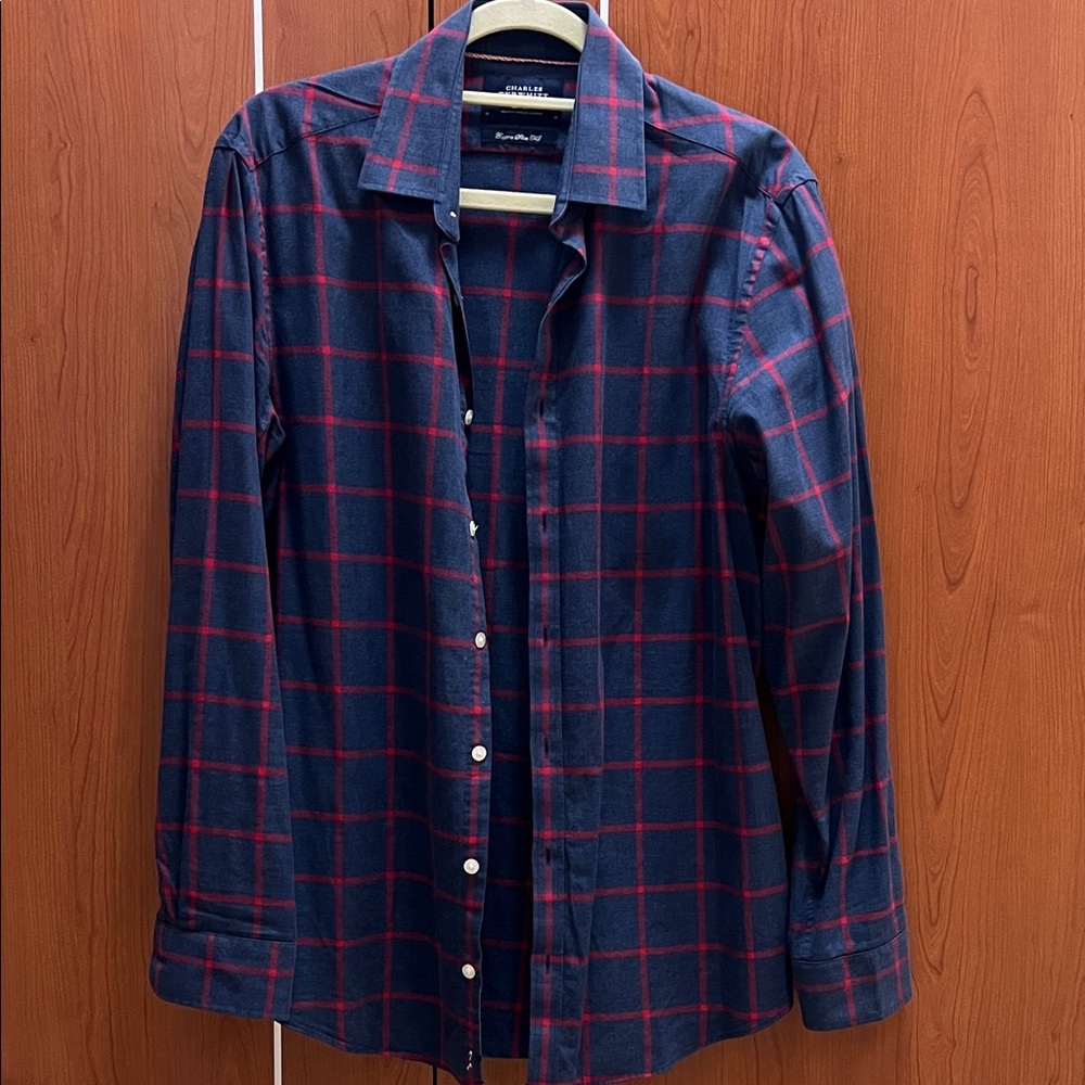 Charles Tyrwhitt Navy and Red Check Men's Shirt